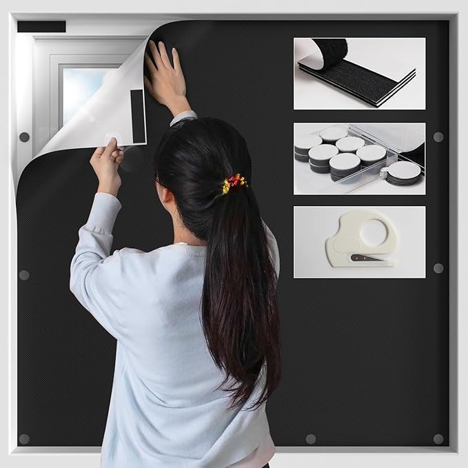 BKSAI 100% Blackout Window Cover, Portable Magnetic Black Out Curtains for Window, Black Out Shades No Drill Cuttable Blackout Blinds for Bedroom, RV, Nursery, Media Room, 79x57 inch, 2Pack