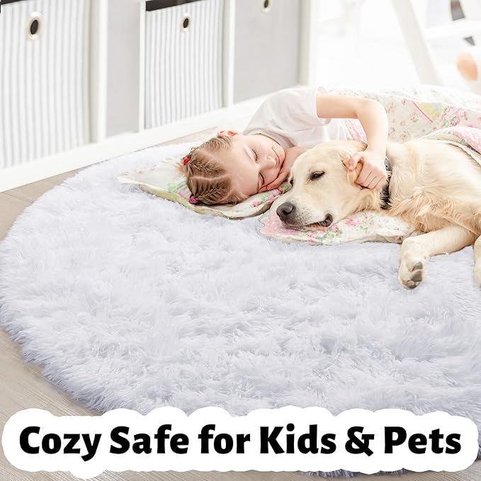 White Round Rug 6Ft for Bedroom, Circular Circle Area Rugs for Living Room, Large Soft Fluffy Shaggy Carpet for Teen Girls Boys, Kids Home Decor Aesthetic, Plush Throw Rugs for Dorm Nursery Playroom