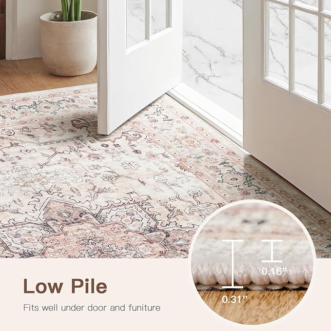 Lofus 3x5 Area Rugs for Living Room, Washable Area Rug, Rugs for Bedroom, Kitchen, Vintage Boho Carpet, Soft Non-Slip, Low Pile Large Area Rug for Office Dining Room, Pink