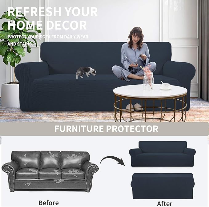 Easy-Going Stretch Oversized Loveseat Slipcover 1-Piece Sofa Cover Furniture Protector Couch Soft with Elastic Bottom for Kids Polyester Spandex Jacquard Fabric Small Checks Dark Blue