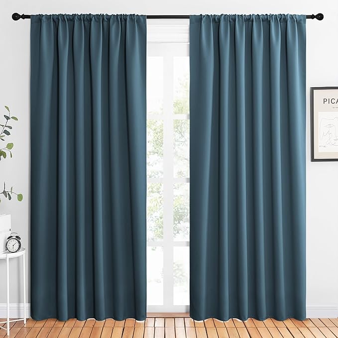 NICETOWN 2 Panels Blackout Curtains, Rod Pocket Thermal Insulated Drapes 84 inches Long, Easy-Care Modern Home Decoration Sunshades for Guest Room, Living Room, Office, 62 x 84 Inch, Smoky Blue