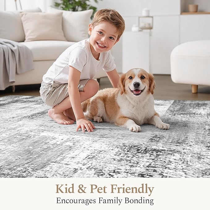 Rugflix 8x10 Large Area Rugs for Living Room, Abstract Washable Rug, Non-Slip, Stain Resistant, Soft Low Pile Carpet, Indoor Grey Rug for Bedroom, Dining Room, Home Office