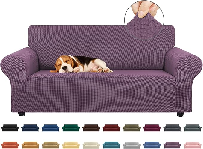 KEKUOU Stretch Loveseat Sofa Cover Slipcover,Couch Covers for 2 Cushion Couch Sofa (55"-78") Furniture Protector Sofa with Elastic Bottom for Kids,Dog. Jacquard Small Checked (Medium,Dark Purple)