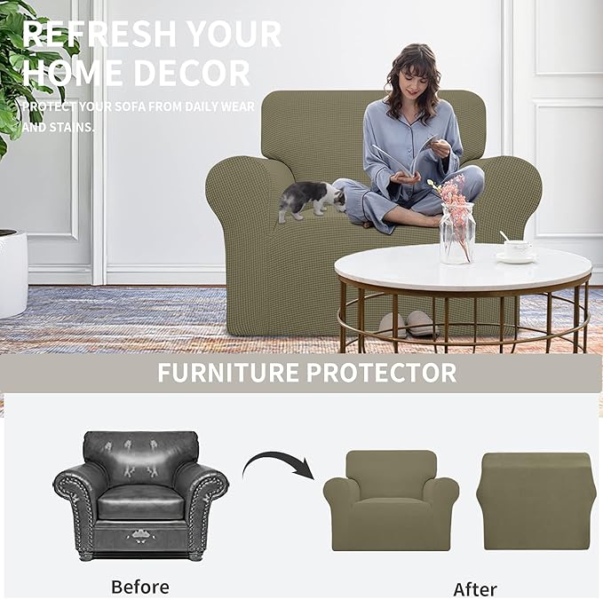 Easy-Going Stretch Oversized Chair Sofa Slipcover 1-Piece Couch Sofa Cover Furniture Protector Soft with Elastic Bottom for Kids Spandex Jacquard Fabric Small Checks Khaki