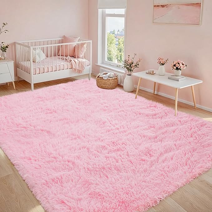 8x10 Area Rugs for Living Room Rug: Soft Fluffy Shag Light Pink Rugs for Bedroom, Non-Slip Large Fuzzy Plush Rug Indoor Floor Carpet for Nursery Kids Boys Girl Room, Dorms, Playroom, Modern Home Decor