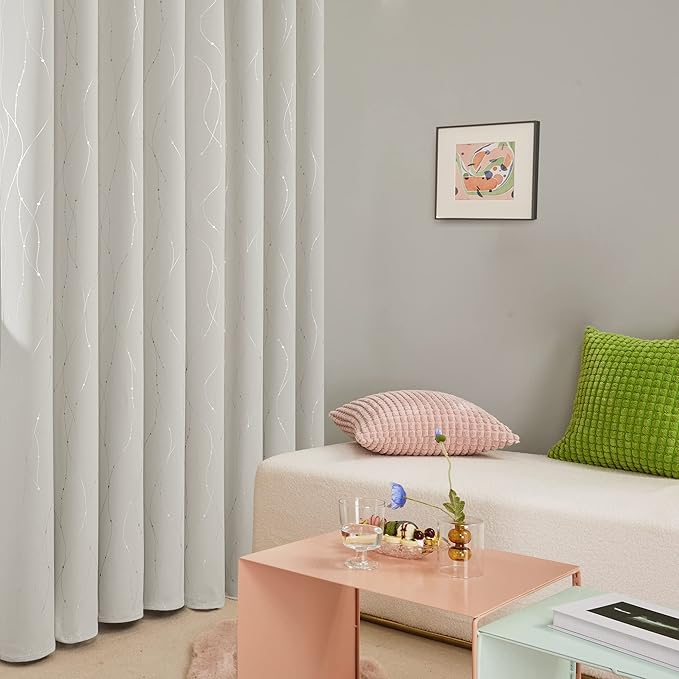 Deconovo Beige Blackout Curtains, Room Darkening Curtain, Thermal Insulated Soundproof Drapes, Silver Wave Dots Print, 38 x 84 Inch, Machine Washable Window Panels for Living Room Bedroom, Set of 2