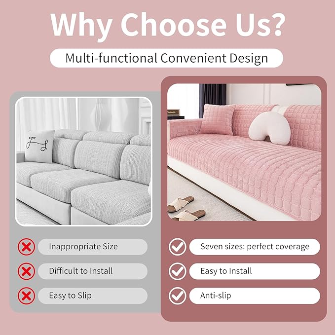 Velvet Couch Cover, Washable Sectional Sofa Cover, Anti Slip Sofa Slipcover for 3 Cushion Couch Sofa L Shaped Armrest Backrest, Furniture Protector Covers for Pets Kids(1PC,Pink,36"×83")
