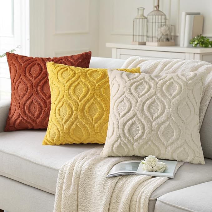 decorUhome Summer Throw Pillow Covers 20x20 Inch Set of 2, Soft Plush Faux Wool Mustard Yellow Solid Couch Pillow Covers, Accent Farmhouse Neutral Square Pillow Cases for Sofa Bed Living Room