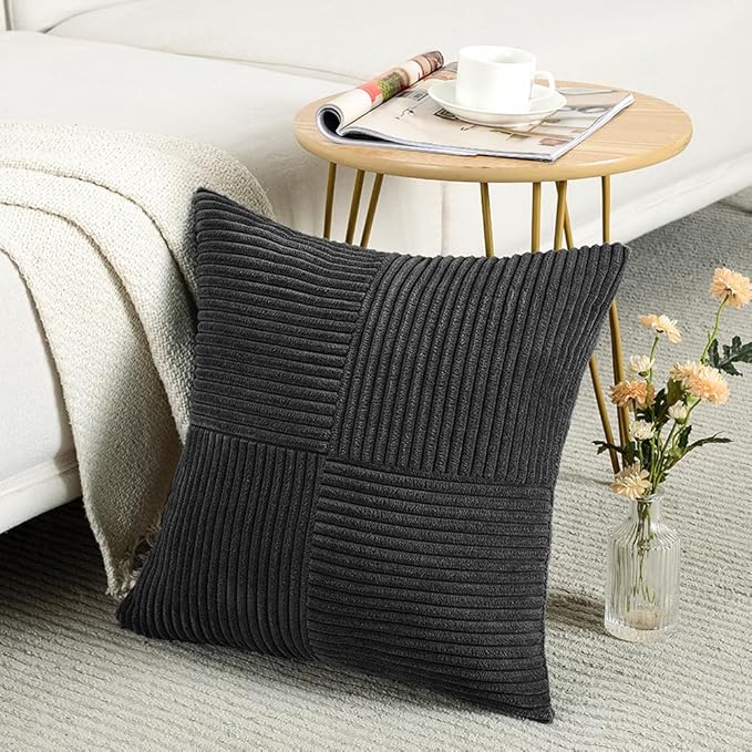 Fancy Homi 2 Packs Black Samll Decorative Throw Pillow Covers 12x12 Inch with for Couch Bed Sofa, Rustic Farmhouse Boho Home Decor, Soft Corss Patchwork Corduroy Square Cushion Case 30x30 cm