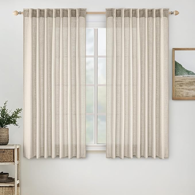 MIULEE Cream Linen Curtains 45 Inch Length 2 Panels for Bedroom Living Room, Soft Linen Textured Window Drapes Semi Sheer Light Filtering Back Tab Rod Pocket Farmhouse Modern Burlap Look Decor