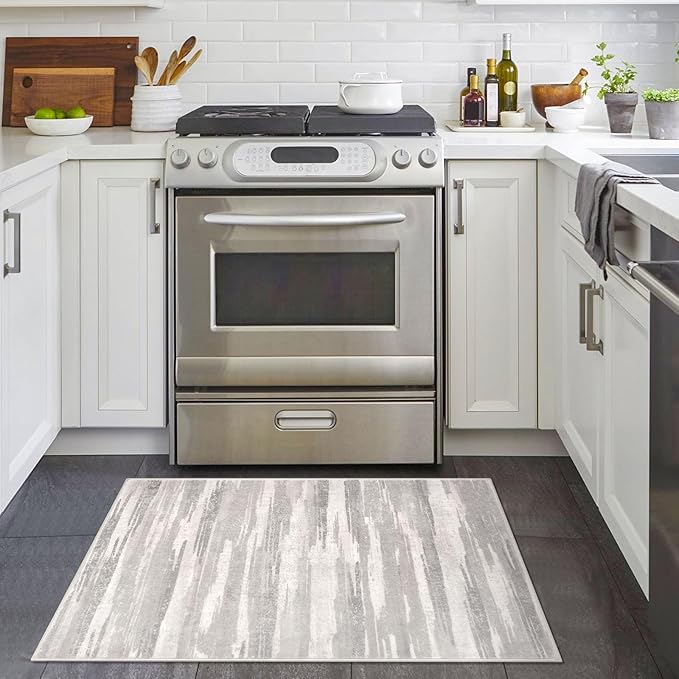 Lansny Modern Abstract Entryway Rug Indoor 2x3 Neutral Washable Non-Slip Soft Small Area Rug Light Beige and Grey Kitchen Mat Thin Print Faux Wool Floor Carpet for Entrance Bedroom