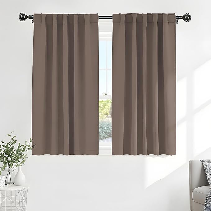 PONY DANCE Thermal Blackout Curtains - Short Length Curtain Draperies Thermal Insulated Drapes Panels with Back Tab Light Block for Bedroom Bathroom, 52 W x 54 L, Mocha, 2 PCs