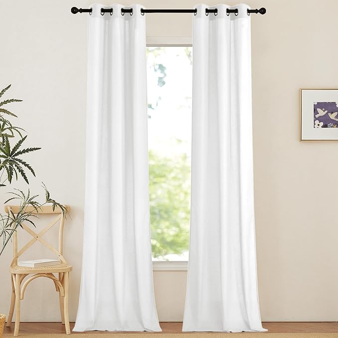 NICETOWN Linen Curtains 96 inches Long for Living Room, Grommet Semi Sheer Drapes Linen Weave Window Treatments Privacy Added with Light Filtering for Bedroom, White, W34 x L96, 2 Panels