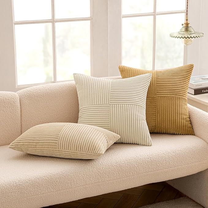 MIULEE Cream Decorative Throw Pillow Covers 18x18 Inch for Couch Bed Sofa Pack of 2 Boho Neutral Farmhouse Throw Pillows Soft Cross Corduroy Patchwork Textured Cushion Cases