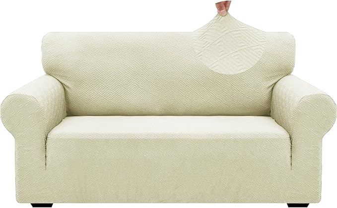ZNSAYOTX 1 Piece Jacquard Couch Covers for 2 Cushion Couch High Stretch Loveseat Slipcover for Pets Dogs Anti Slip Love Seat Sofa Slipcover Furniture Protector (Medium,New Pattern Light Beige)