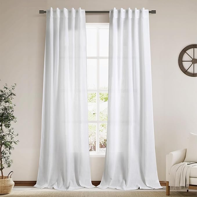 White Linen Curtains 90 Inches Long for Living Room Back Tab Rod Pocket Semi Sheer Light Filtering Neutral Solid Drapes Modern Rustic Farmhouse Decor Curtains for Dining Room 2 Panels Set 40x90