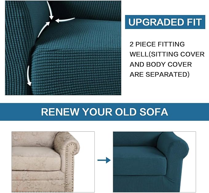 H.VERSAILTEX 2-Pieces Armchair Cover Chair Slipcovers with Arms Furniture Protector Cover Fit Armchair Width Up to 47 Inch, Jacquard Spandex Couch Covers Armchair Slipcover - Deep Teal, Chair