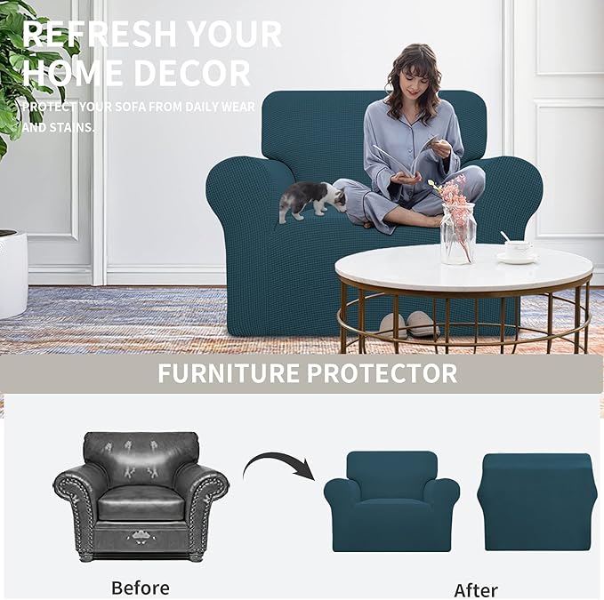 Easy-Going Stretch Oversized Chair Sofa Slipcover 1-Piece Couch Sofa Cover Furniture Protector Soft with Elastic Bottom for Kids Spandex Jacquard Fabric Small Checks Deep Teal