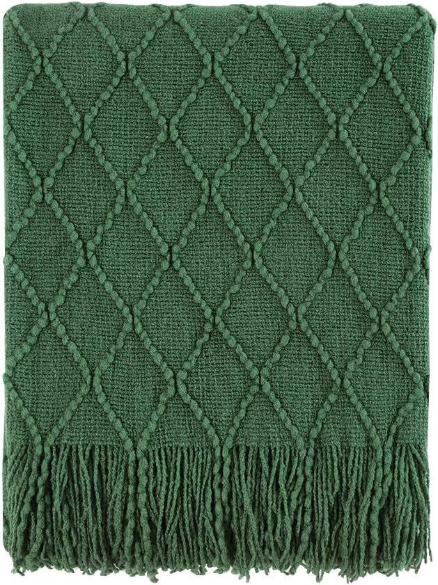 BOURINA Green Throw Blanket 50 x90 Inches Throw Textured Solid Soft Sofa Throw Bed Runner Couch Cover Knitted Decorative Blanket Bed Runner