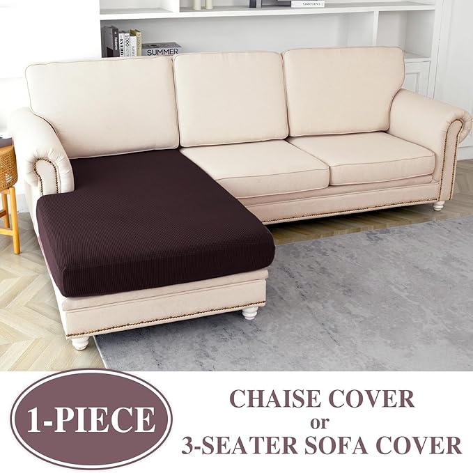 Couch Cushion Cover Chaise Lounge Cover Washable Separate Seat Chaise Couch Cover Stretch Sectional Sofa Slipcover(1 Piece for Chaise or Sofa 3-Seater, Brown)