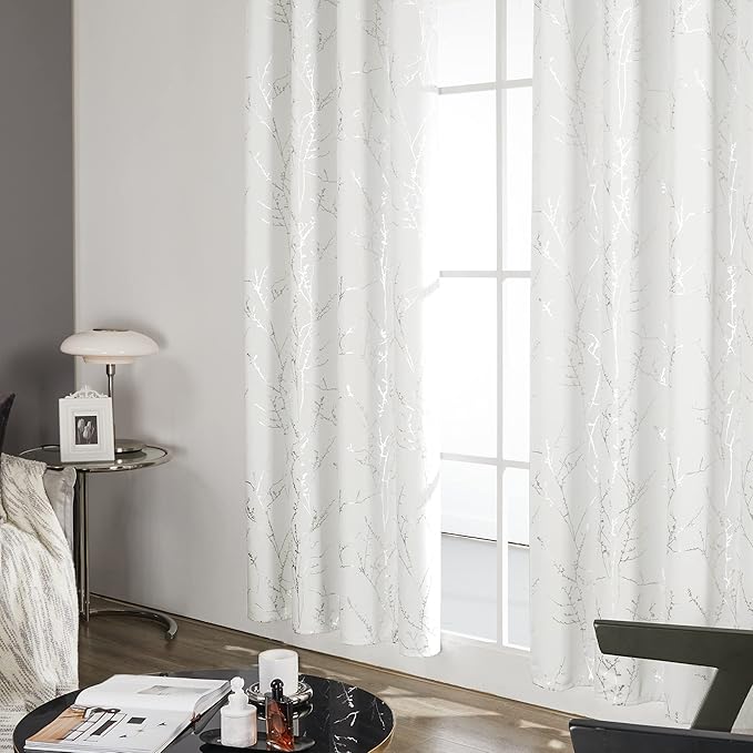 Deconovo Room Darkening Curtains, White Curtain, Thermal Insulated & Noise Reducing Drapes, Silver Branch Pattern, 42 x 63 Inch Long, Grommet Panels for Bedroom Living Room Office Nursery, Set of 2