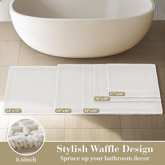 RESARE Waffle Bathroom Runner Rugs, Super Absorbent Bath Mat Non Slip Washable Quick Dry, Upgraded Ultra Soft Boho Bath Rugs with Tassels for Hallway Bedroom Laundry Room, 20"x32" White