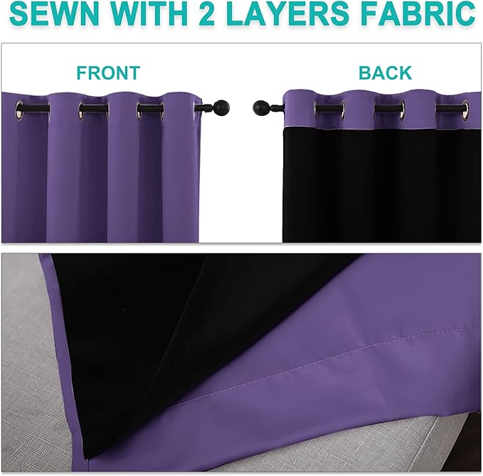 NICETOWN 100% Blackout Curtains with Black Liners, Thermal Insulated Full Blackout 2-Layer Lined Drapes, Energy Efficiency Window Draperies for Bedroom (Lilac Purple, 2 Panels, 62-inch W by 63-inch L)