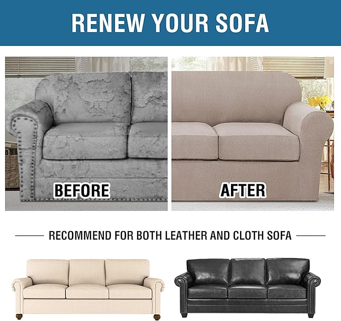 H.VERSAILTEX 4 Piece Stretch Sofa Covers for 3 Cushion Couch Covers for Living Room Slipcovers (Base Cover Plus 3 Seat Cushion Covers) Upgraded Thicker Jacquard Fabric (Sofa, Sand)