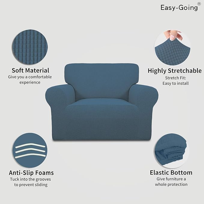 Easy-Going Stretch Oversized Chair Sofa Slipcover 1-Piece Couch Sofa Cover Furniture Protector Soft with Elastic Bottom for Kids Spandex Jacquard Fabric Small Checks Bluestone