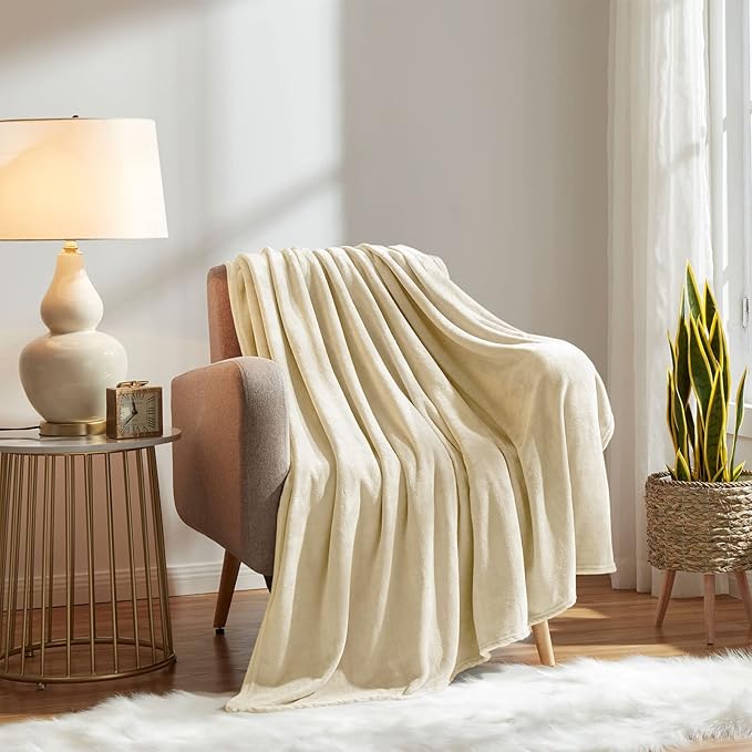KMUSET Super Soft Throw Blanket Premium Silky Flannel Fleece Twin Size Beige Microfiber Lightweight Blanket All Season Use