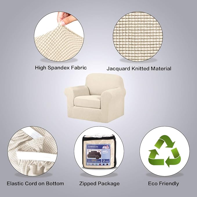 H.VERSAILTEX 2 Piece Couch Cover Stretch Stylish Chair Cover Furniture Cover/Protector Featuring Jacquard Textured Twill Fabric, High Polyester and Spandex Slipcover Machine Washable(Chair, Natural)
