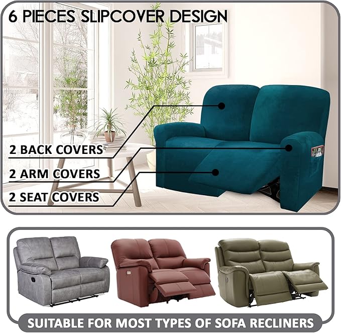 ULTICOR Reclining Love Seat Slipcover, 48" - 65" L, 6-Piece Velvet Stretch Loveseat Reclining Sofa Covers, 2 seat Love seat Recliner Cover, Thick, Soft, Washable (Deep Teel)