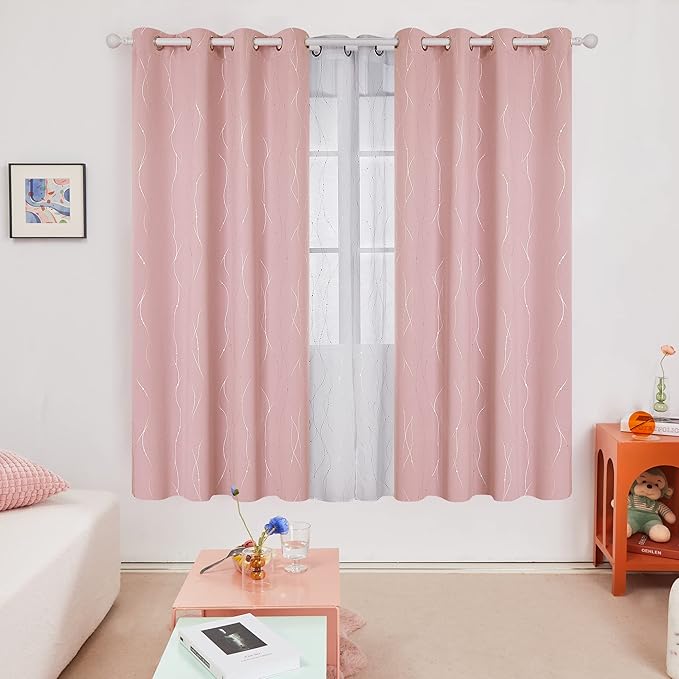 Deconovo Pink Curtains, Blackout Drapes, Thermal Insulated Soundproof Curtain, Silver Wave Dots Print, 52 x 72 Inch Long, Machine Washable Window Panels for Girls Bedroom Living Room Nursery, Set of 2