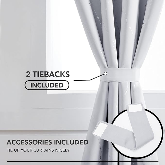 Deconovo Bedroom Curtains, Room Darkening Drapes, Thermal Insulated Soundproof Panel, Silver Wave Dot Print, 52 x 72 Inch, Machine Washable Window Panels for Living Room Home, Set of 2, Greyish White