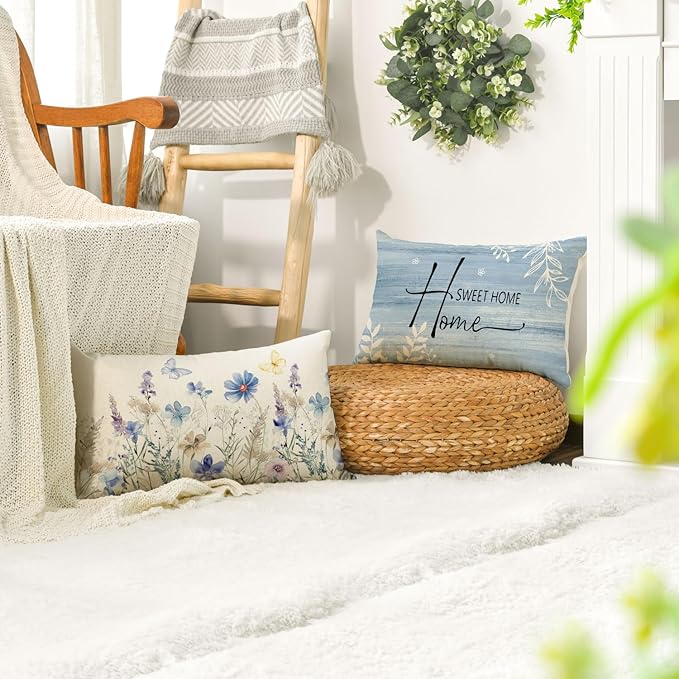 AVOIN colorlife Spring Saying Flowers Butterfly Bird Throw Pillow Covers, 12 x 20 Inch Home Sweet Home Blue Cushion Case for Sofa Couch Set of 4