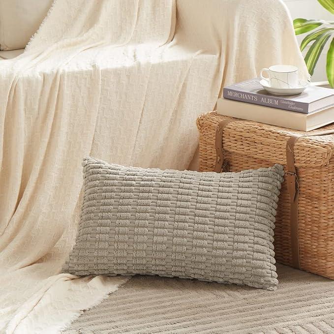 Fancy Homi 4 Packs Neutral Long Lumbar Decorative Throw Pillow Covers 16x24 Inch for Living Room Couch Bed, Boho Home Decor, Soft Striped Corduroy Rectangle Accent Grey Cushion Case 40x60 cm