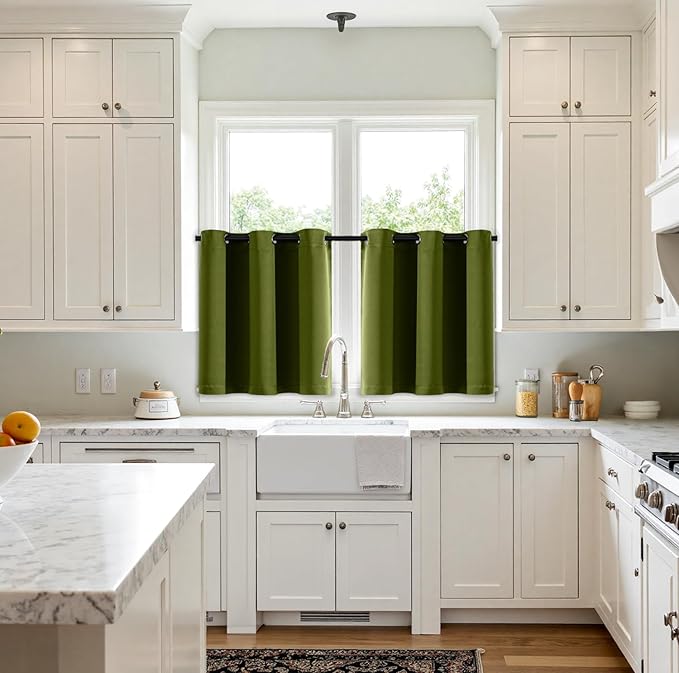 MIULEE Short Curtains for Windows - Light Olive Green Blackout Half Window Curtains Thermal Insulated Privacy Drapes for Kitchen Bedroom Bathroom Grommet Small Basement Tiers W40 x L36 Inch 2 Panels
