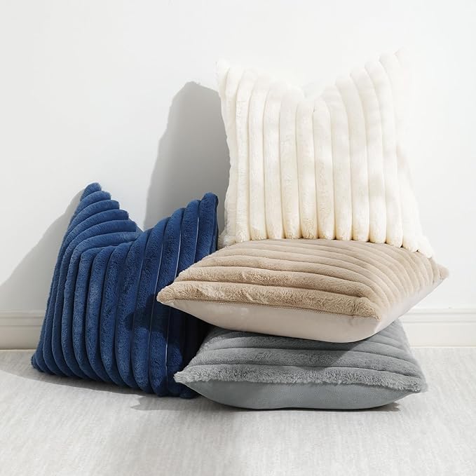 decorUhome Cozy Faux Fur Throw Pillow Covers 12x20 Set of 2 Decorative Soft Plush Striped Lumbar Modern Farmhouse Boho Couch Pillow Cases with Velvet Back for Sofa Bed Living Room, Grey