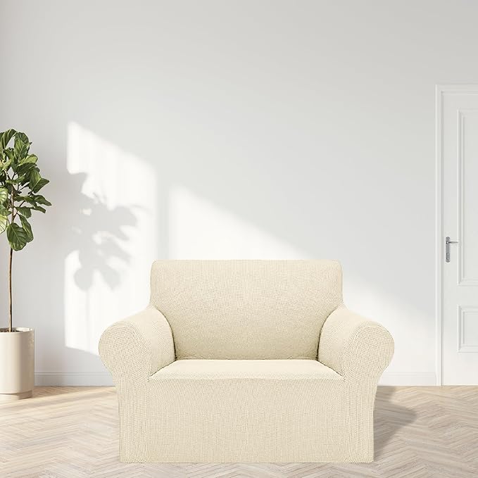 Cupuamon 2026 New Stretch Chair Sofa Slipcovers Couch Cover for 1 Seater Furniture Protector Sofa Covers with Elastic Bottom Jacquard Fabric Small Checks for Pets, Kids - Beige