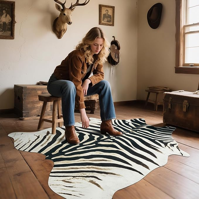 AROGAN Western Faux Fur Zebra Rug, 8 x 10 Feet Premium Animal Skin Print Rug, Sturdy Faux Zebra Hide Rugs for Wall Decor, Western Floor Carpet for Bedroom Living Room, Black