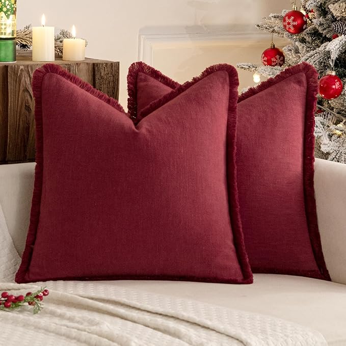 MIULEE Decorative Throw Pillow Covers Neutral Linen Fringe Throw Pillows Euro Shams Set of 2 Burgundy Boho Farmhouse Cushion Covers for Couch Sofa Bed Living Room Home Decor 22x22 Inch