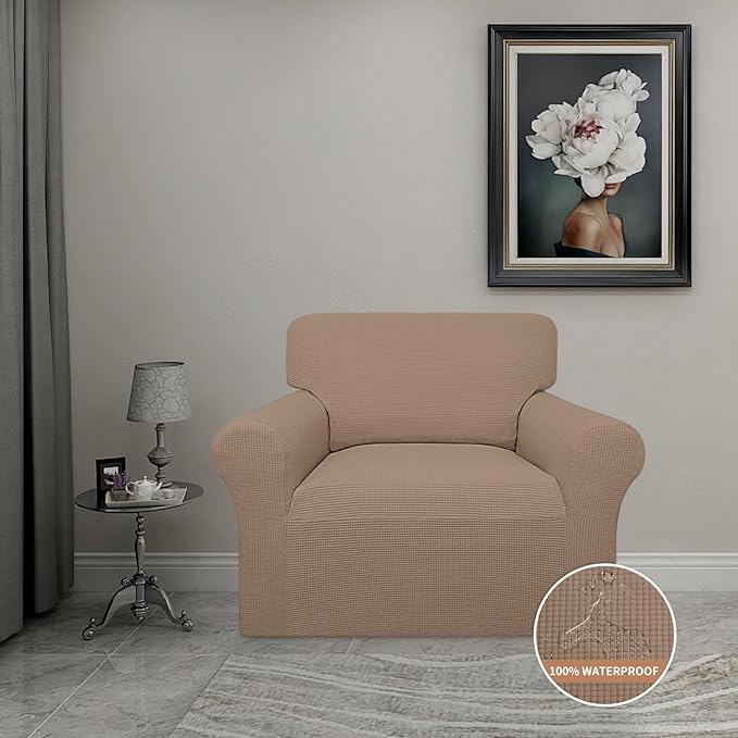 Easy-Going 100% Waterproof Oversized Chair Couch Cover, Dual Waterproof Sofa Cover, Stretch Jacquard Sofa Slipcover, Leakproof Furniture Protector for Kids, Pets, Dog and Cat, Camel