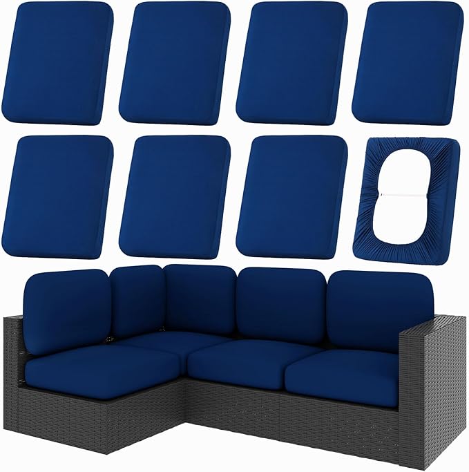 hyha 8Pcs Patio Cushion Covers, Stretch Outdoor Couch Cushion Covers Replacement, Washable Outdoor Chair/Sofa Slipcovers for Patio Furniture Cushions Protector with Elastic Bottom(Navy,Cover Only)