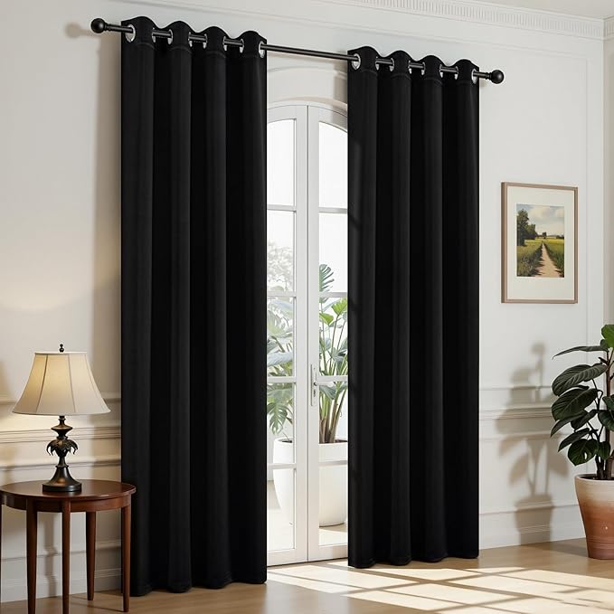 Joydeco Christmas Blackout Curtains for Living Room, Black Curtains 90 Inch Long 2 Panels Set, Room Darkening Grommet Drapes for Bedroom Window (Black, W52 x L90 Inch)