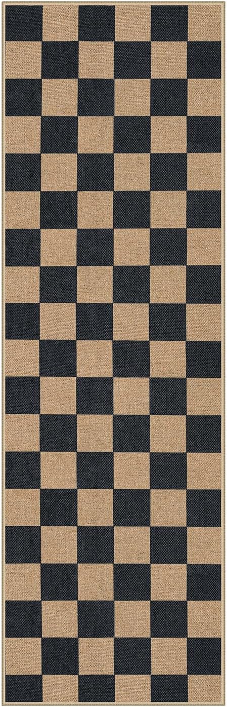 Lahome Colette Checkered Easy Jute Runner Rug, 2x8 Kitchen Rug Non Slip Washable Outdoor Runner for Entryway Indoor, Checkerboard Black Indoor Outdoor Carpet for Hallway 8ft Entry
