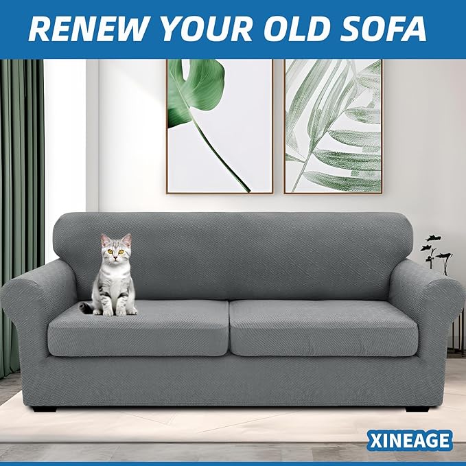 XINEAGE 2026 New 3 Pieces Couch Covers for 2 Extra Large Cushion Sofa Super Stretch Sofa Cover for 2 Large Seat Universal Loveseat Slip Cover for Living Room (Light Gray), 71"-91"(2 Cushions)