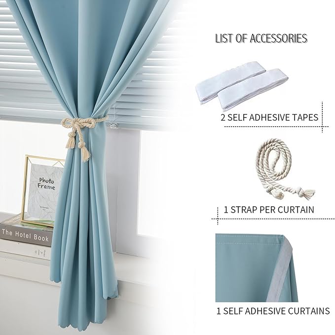 Self Adhesive Curtains, Black Out Shade for Window, Blackout Fabric Temporary Window Coverings Easy to Hang Curtains No Rod Needed, Use for Bedroom, Room, Kitchen, 47"W X 59"L, Lake Blue, 1 Panel