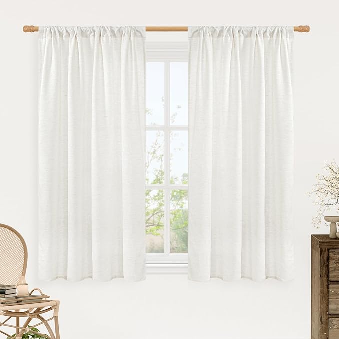 LAMIT Ivory White Linen Curtains 54 Inch Length, Faux Linen Textured Light Filtering Panels Rod Pocket Privacy Neutral Drapes for Window/Bedroom/Living Room, 2 Panels, 42 x 54 Inch