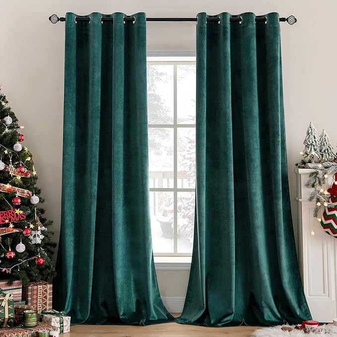 MIULEE Christmas Dark Green Velvet Curtains Room Darkening Blackout Solid Emerald Curtain Thermal Insulated Soundproof Curtains/Drapes/Panels for Living Room Bedroom 52 x 72 Inch 2 Panels