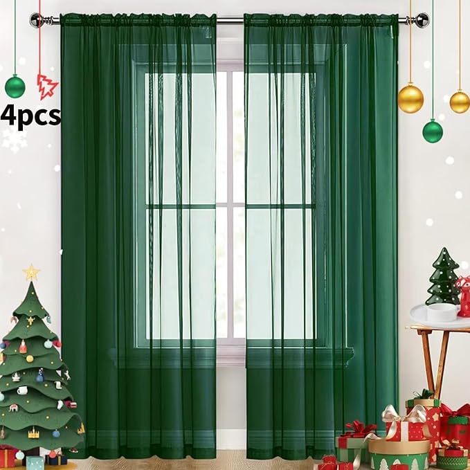 SpaceDresser Foliage Green Sheer Curtains 4 Panels Rod Pocket Semi-Sheer Curtain 96 Inches Long Light Filtering Voile Window Drapes for Bedroom Living Room Kitchen, Each 52W x 96L